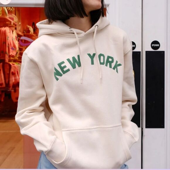 Mure + Grand New York puff Cream Hoodie with Green Print. Size Small. - Picture 3 of 8